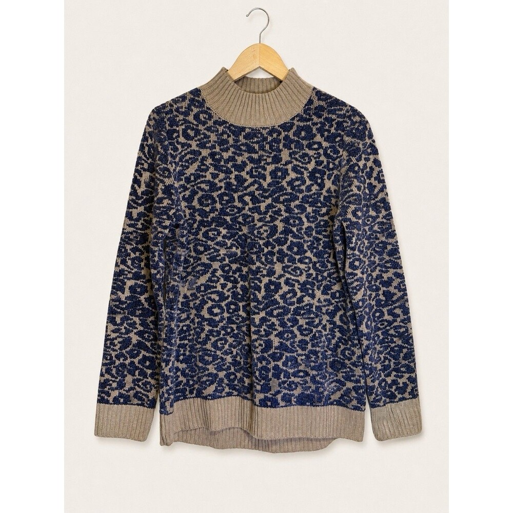 Sahalie Brand  Mock Neck Super Soft Sweater In Navy/Tan Animal Print Size L